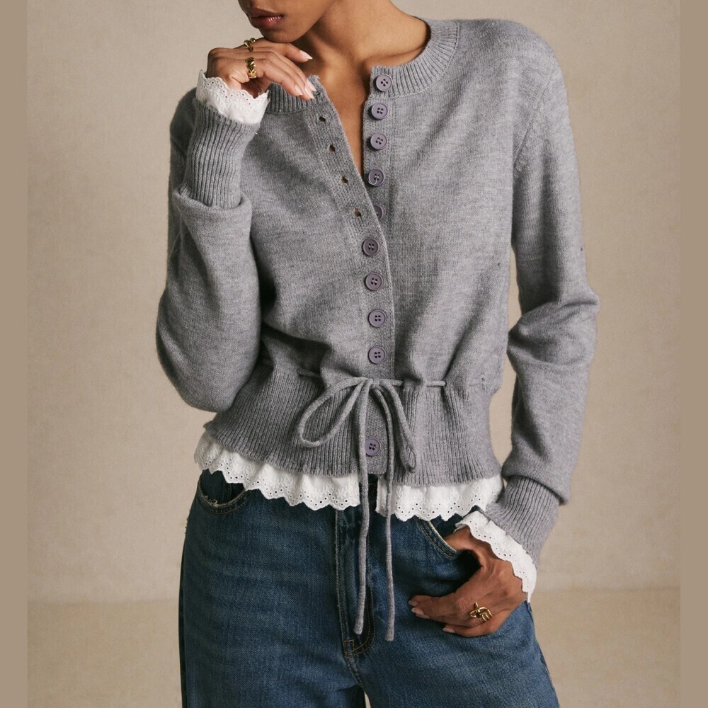 Heather Gray Knit Button Front Tie Waist Cropped Cardigan